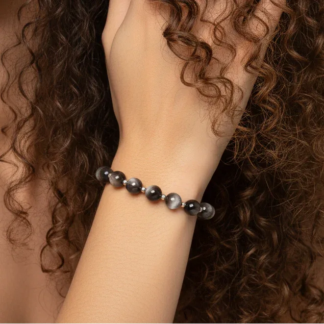 Bracelet en Obsidienne argentée 8mm