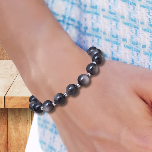 Bracelet en Obsidienne argentée 8mm