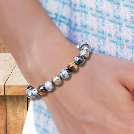 Bracelet en Œil de Tigre, Larvikite et Pyrite