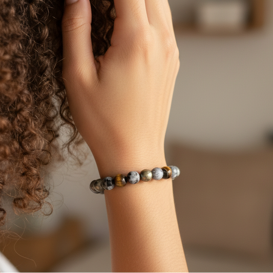 Bracelet en Œil de Tigre, Larvikite et Pyrite