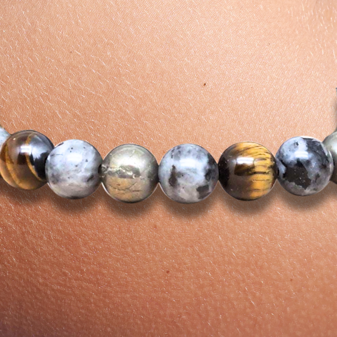 Bracelet en Œil de Tigre, Larvikite et Pyrite