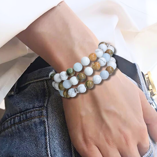 Bracelet triple tour et collier en Howlite, Rhyolite et Aigue-Marine (COLBR23-53) - ENAE Minéraux