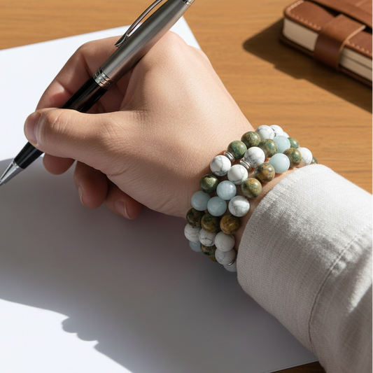 Bracelet triple tour et collier en Howlite, Rhyolite et Aigue-Marine (COLBR23-53)