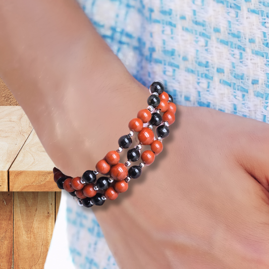 Bracelet triple tour et collier en Jaspe rouge et Hypersthène (COLBR23-55)