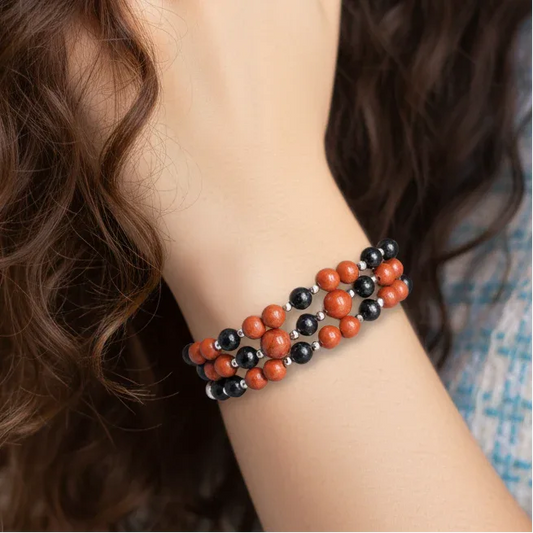 Bracelet triple tour et collier en Jaspe rouge et Hypersthène (COLBR23 - 55)
