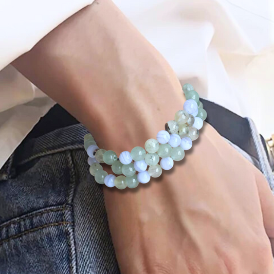 Bracelet triple tour et collier en Prehnite et Agate bleue (COLBR23-52)