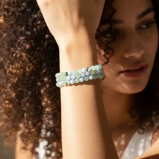 Bracelet triple tour et collier en Prehnite et Agate bleue (COLBR23 - 52)
