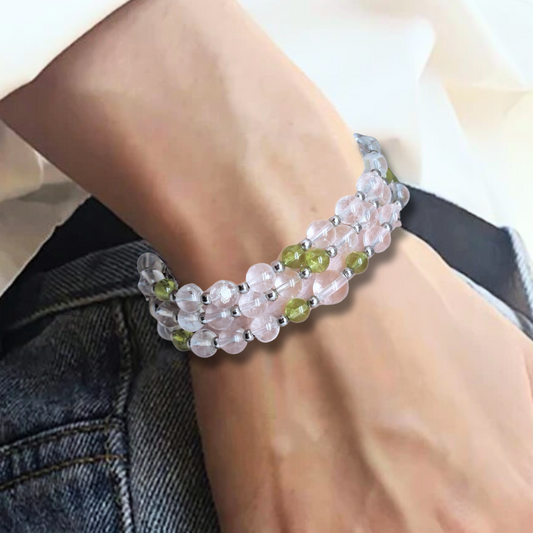 Bracelet triple tour et collier en Cristal de Roche et Péridot (COLBR23-56)