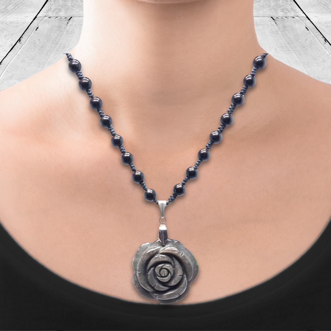 Collier style Mala Fleur en Obsidienne noire et argentée (COL23-45) - ENAE Minéraux