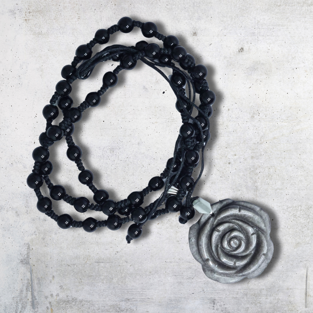 Collier style Mala Fleur en Obsidienne noire et argentée (COL23-45) - ENAE Minéraux