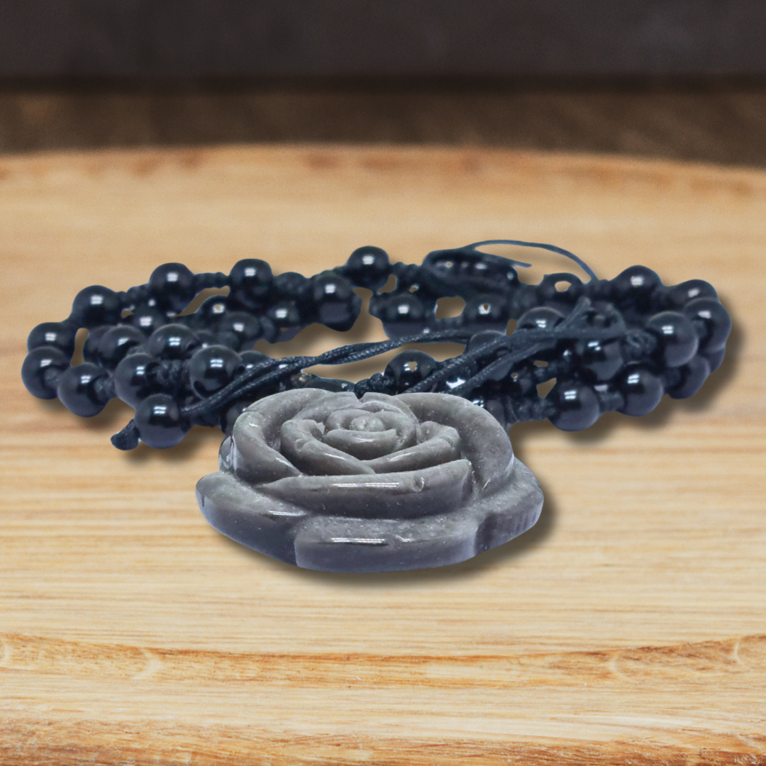 Collier style Mala Fleur en Obsidienne noire et argentée (COL23-45) - ENAE Minéraux