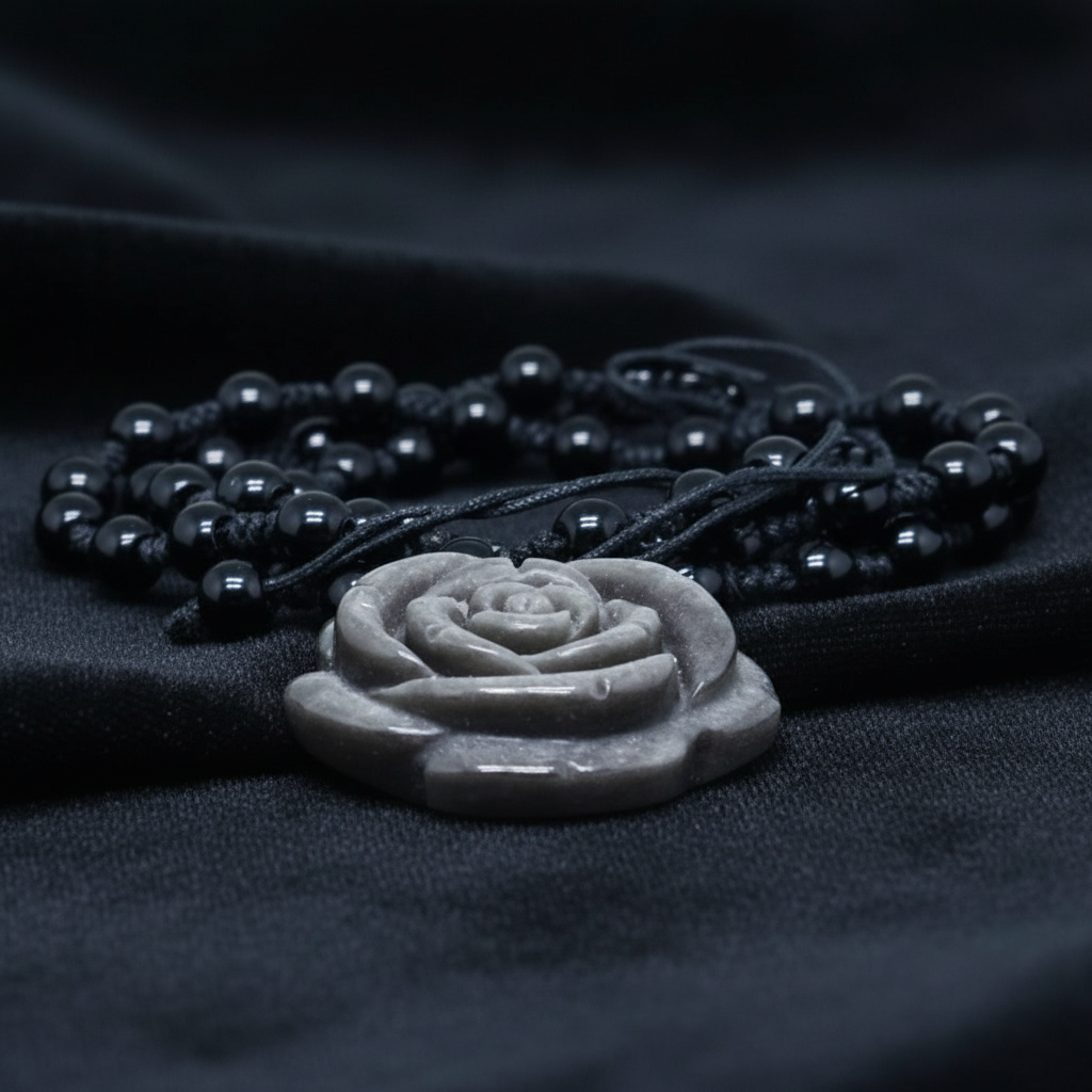 Collier style Mala Fleur en Obsidienne noire et argentée (COL23-45)