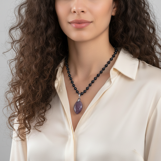 Collier style Mala en Obsidienne noire et Grenatite (COL23-47)