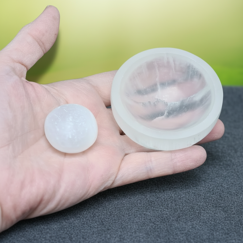 Coupelle en Sélénite et sa pierre roulée (PRGFL733)