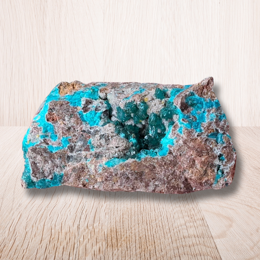 Dioptase, Calcite, Wulfénite et Shattuckite brute 30g (MB463) - ENAE Minéraux