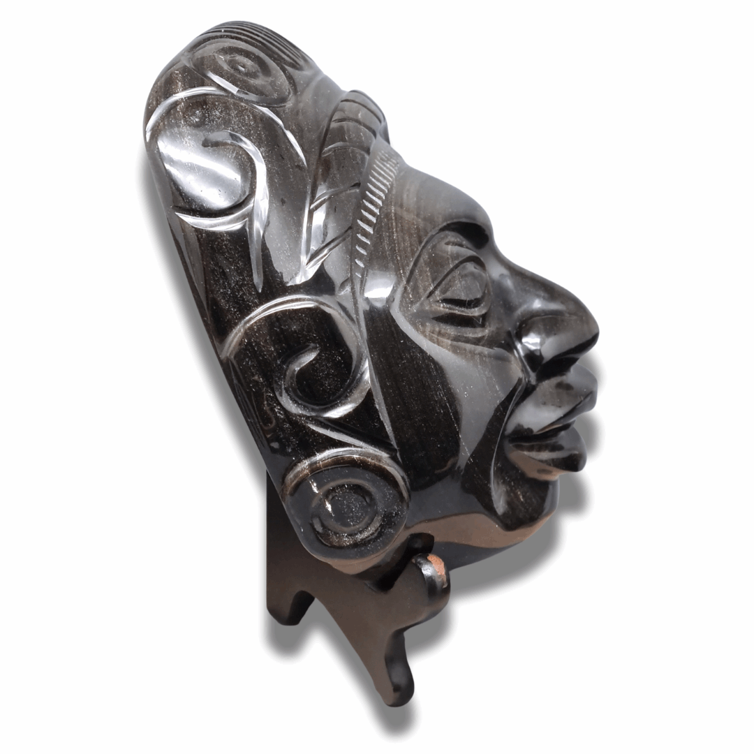 Tête masque Maya en Obsidienne dorée (PRGFL705) - ENAE Minéraux