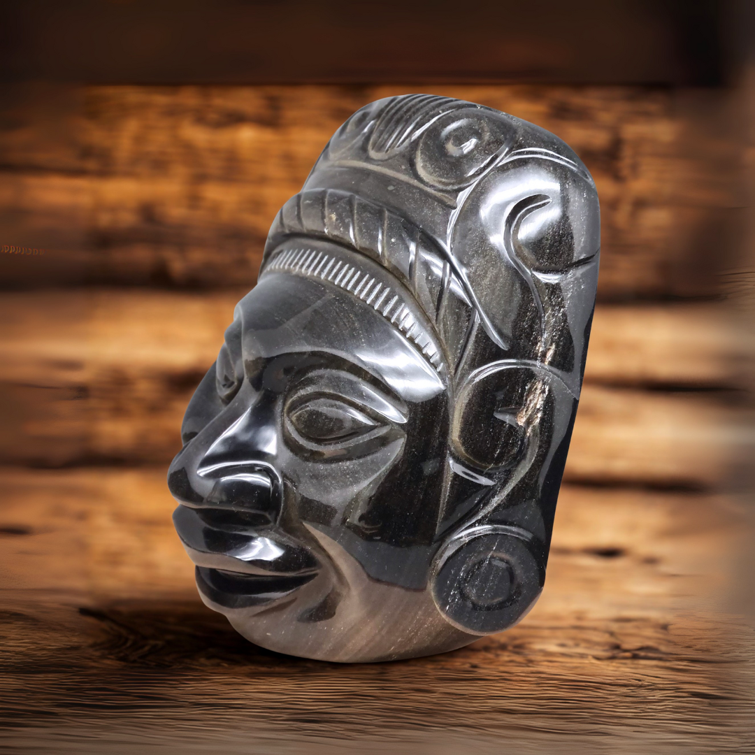 Tête masque Maya en Obsidienne dorée 2177g (PRGFL705)
