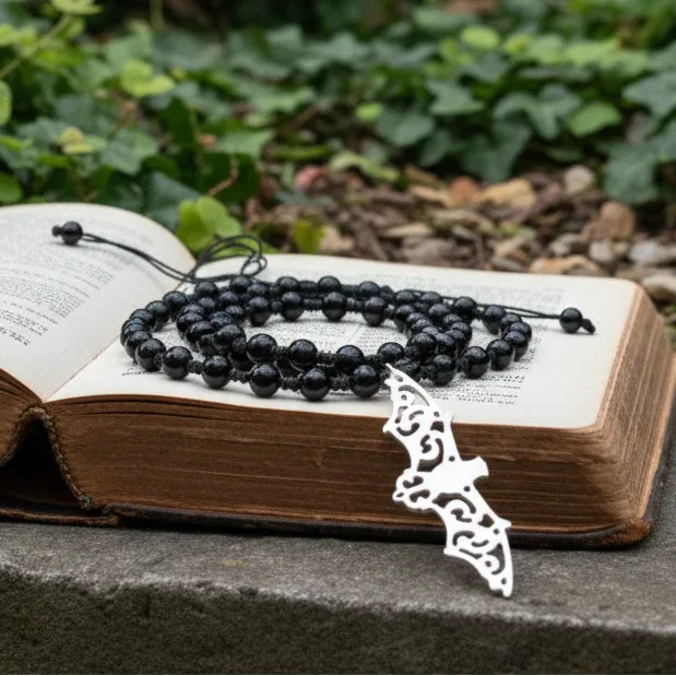 Collier style Mala en Obsidienne noire et sa chauve-souris (COL23-50)