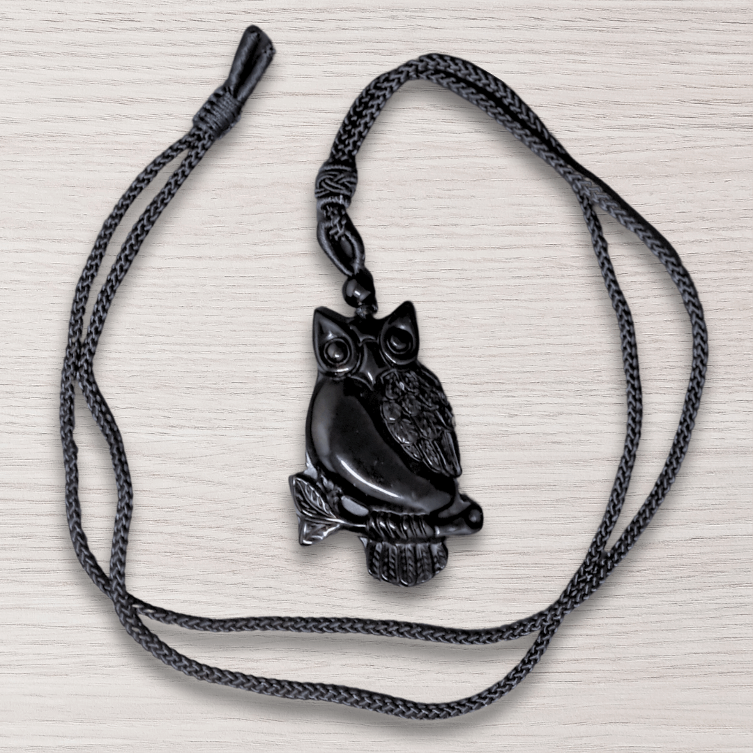 Pendentif chouette sur sa branche en Obsidienne noire (PE1296-7)