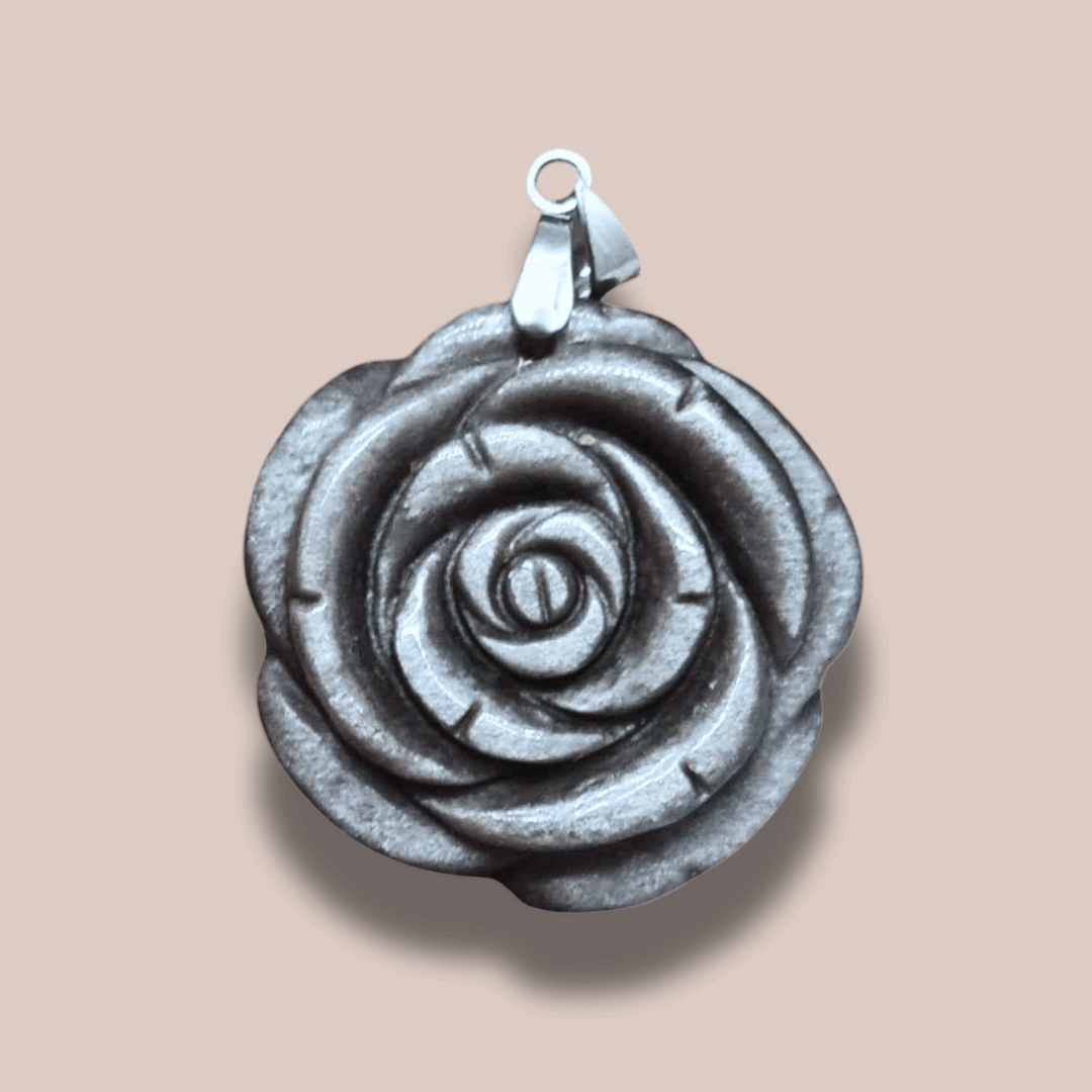Pendentif Fleur sculptée en Obsidienne argentée (PE1146-2)