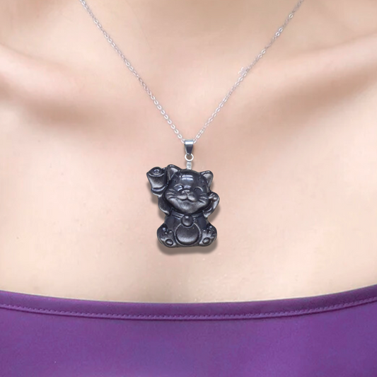 Pendentif chat porte-bonheur en Obsidienne argentée (PE1294-14)