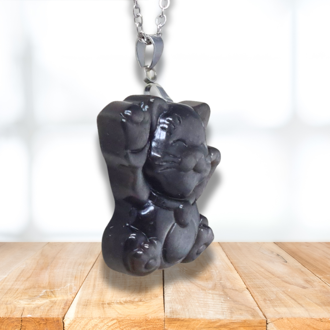 Pendentif chat porte-bonheur en Obsidienne argentée (PE1294-14) - ENAE Minéraux