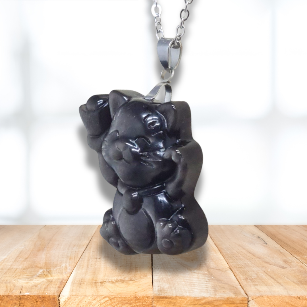 Pendentif chat porte-bonheur en Obsidienne argentée (PE1294-14) - ENAE Minéraux