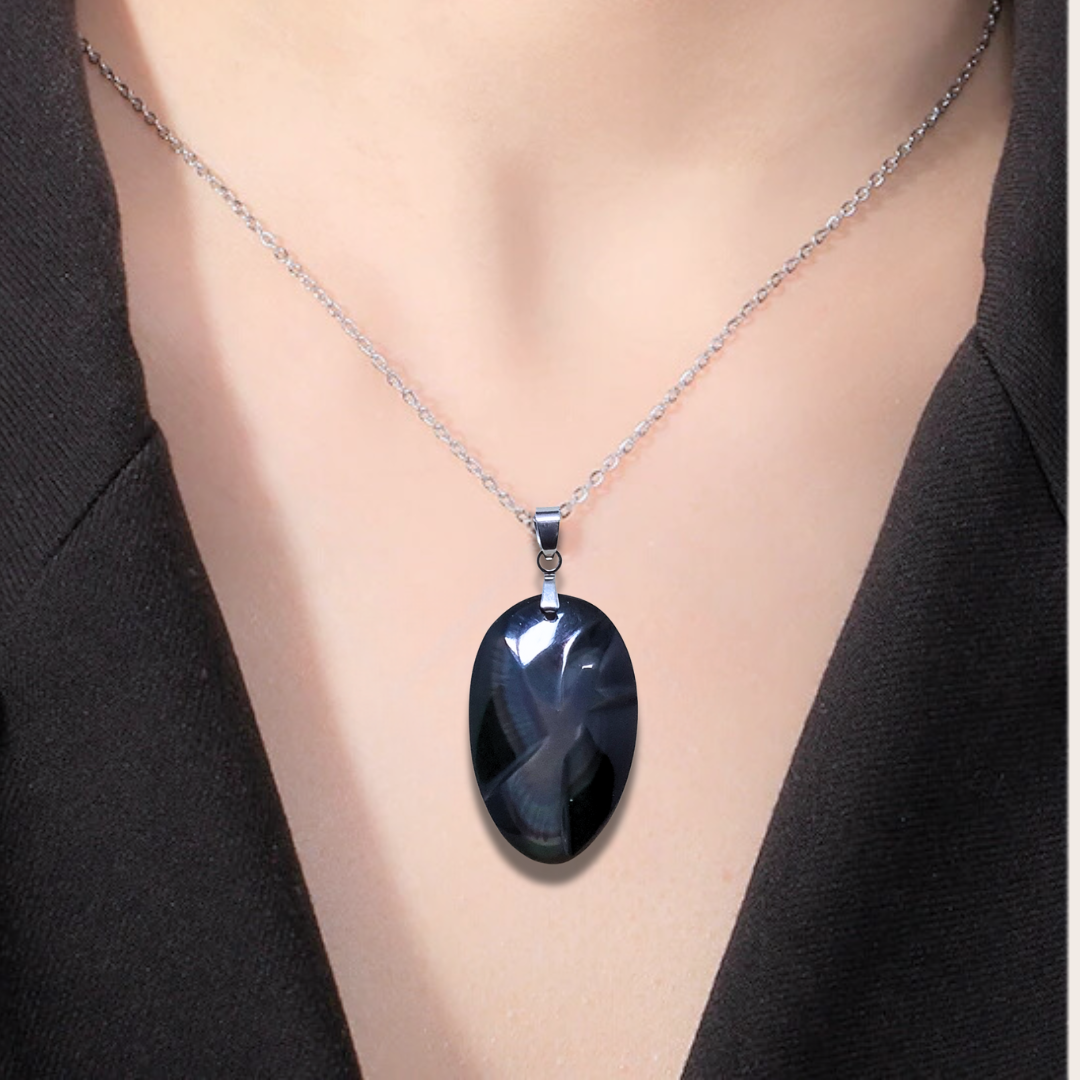 Pendentif gravé colombe en Obsidienne Œil Céleste (PE1883) - ENAE Minéraux