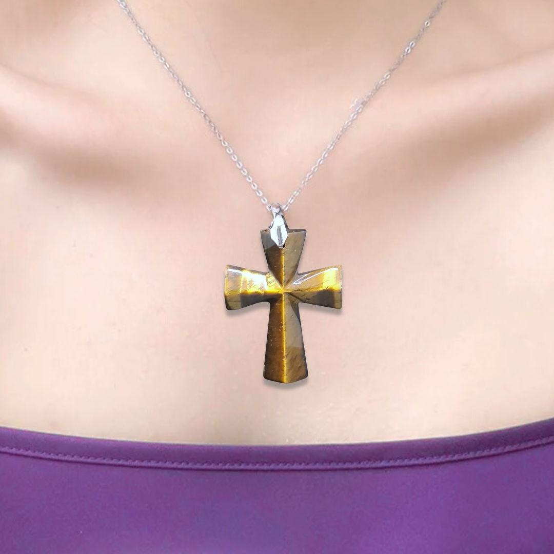 Pendentif croix en Œil de Tigre (PE1623-19) - ENAE Minéraux