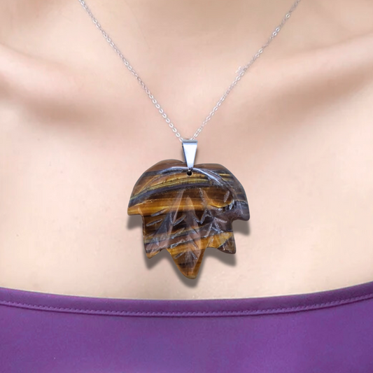 Pendentif feuille sculptée feuille Œil de Tigre (PE1219-2)