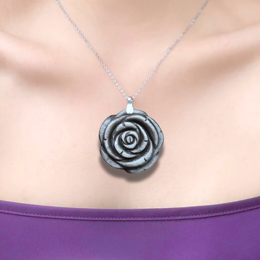 Pendentif Fleur sculptée en Obsidienne argentée (PE1146-2) - ENAE Minéraux