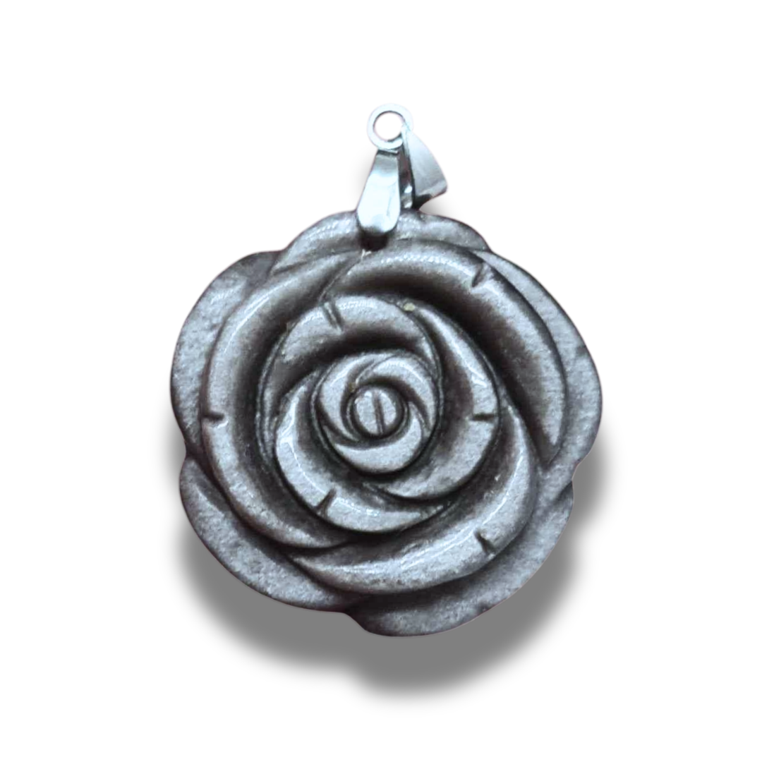 Pendentif Fleur sculptée en Obsidienne argentée (PE1146-2) - ENAE Minéraux