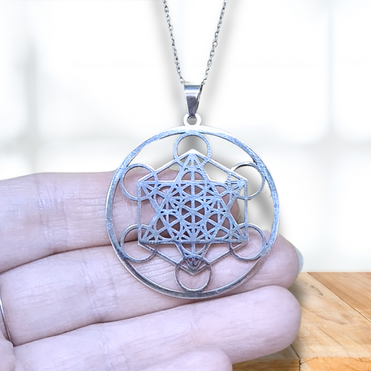 Pendentif Cube de Metatron en acier inoxydable argenté