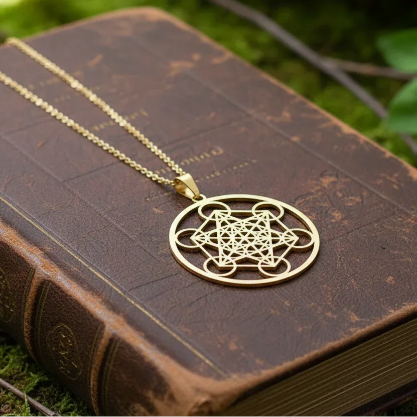 Pendentif Cube de Metatron en acier inoxydable doré