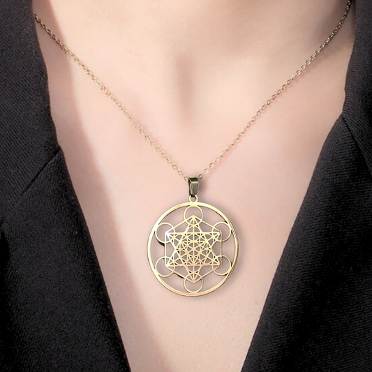 Pendentif Cube de Metatron en acier inoxydable doré