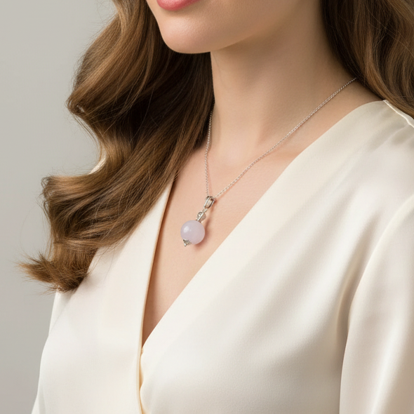 Pendentif perle en Quartz rose et cœur (PE2039)