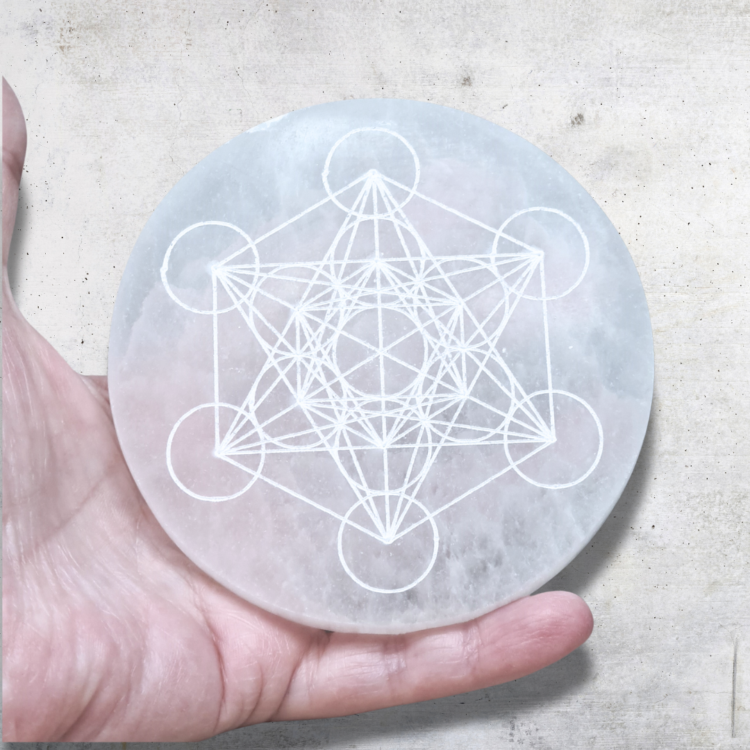 Plaque en Sélénite avec Cube de Metatron gravé 250g
