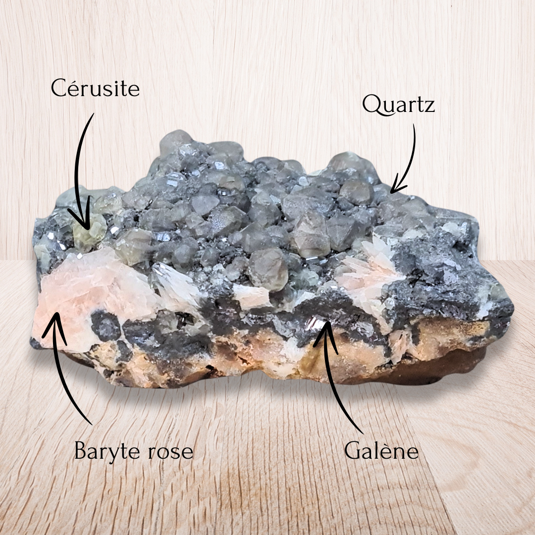 Quartz, Cérusite, Baryte rose et Galène brut 219g (MB545) - ENAE Minéraux