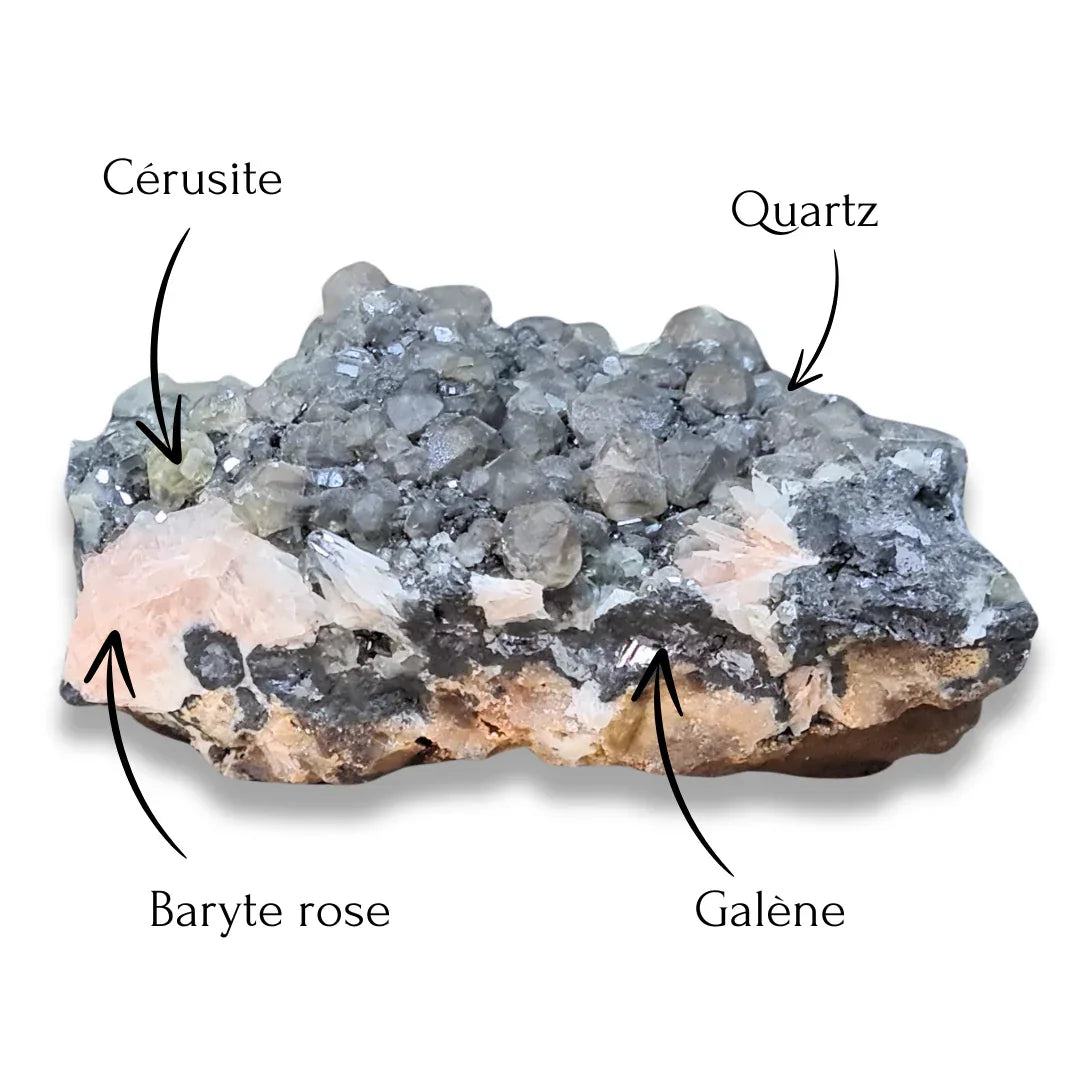 Quartz, Cérusite, Baryte rose et Galène brut 219g (MB545)