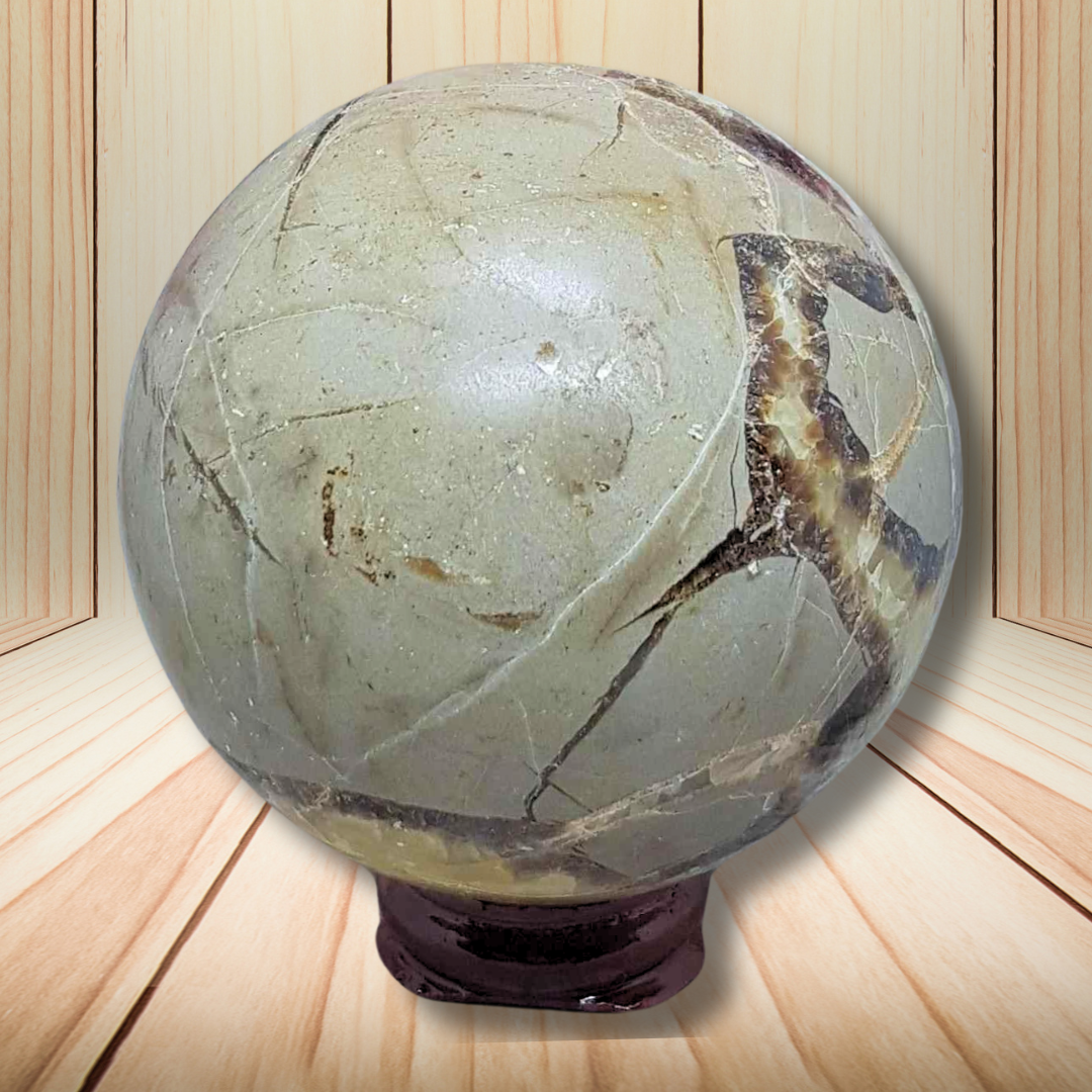 Sphère en Septaria et Calcite jaune 469g (PRGFL372-3) - ENAE Minéraux