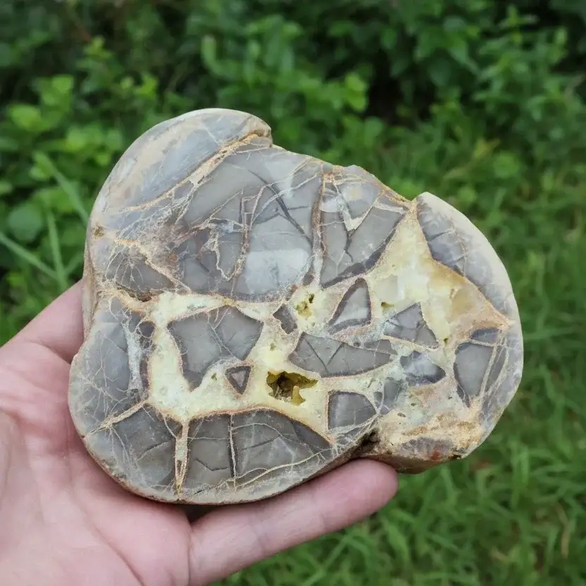 Tranche de Septaria et Calcite jaune brute et polie 388g (MB452)