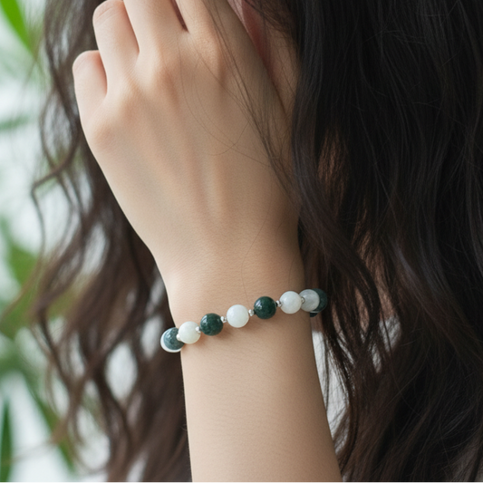 Bracelet en Agate mousse et Pierre de Lune blanche