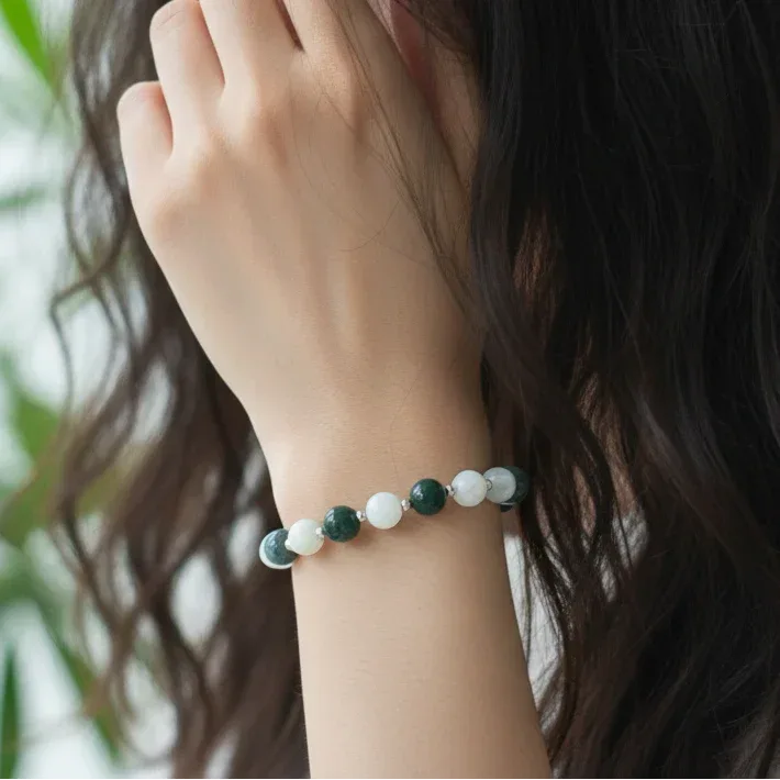 Bracelet en Agate mousse et Pierre de Lune blanche