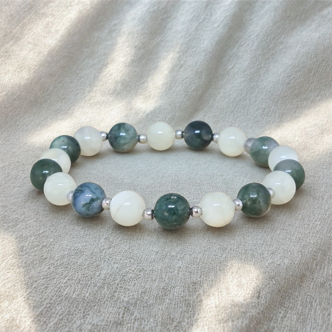 Bracelet en Agate mousse et Pierre de Lune blanche
