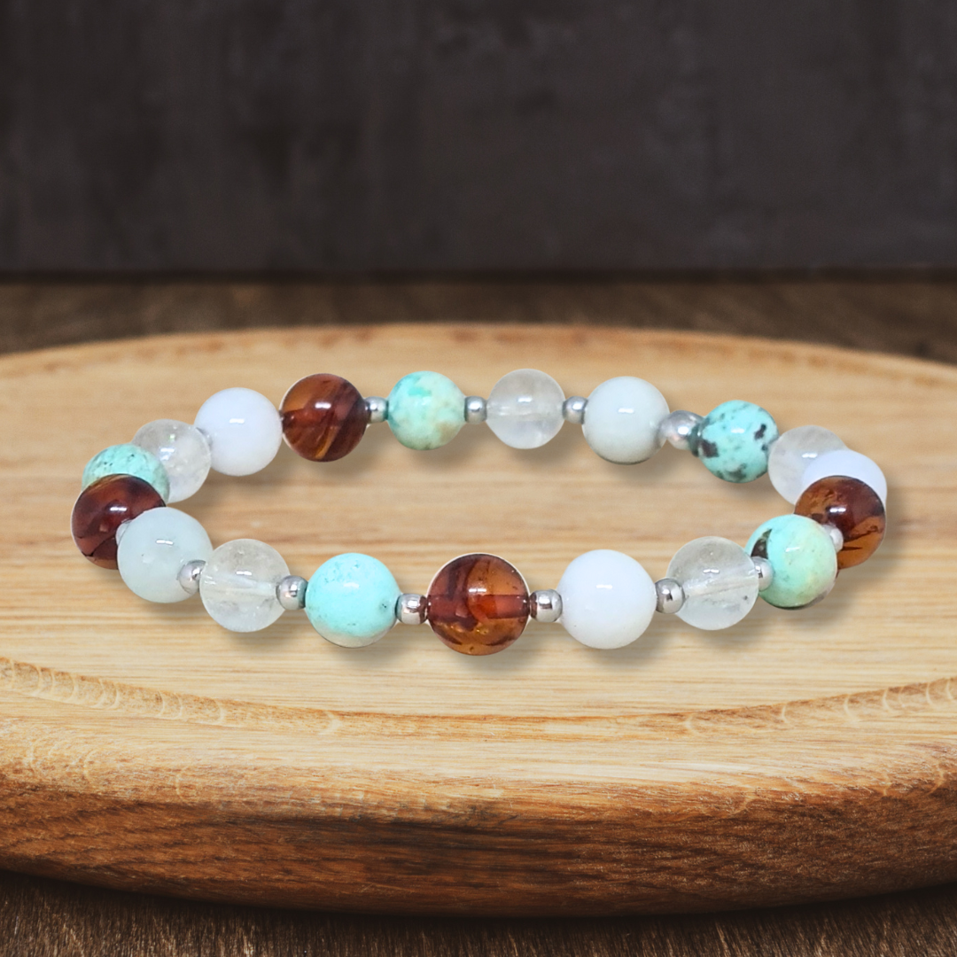 Bracelet en Ambre, Turquoise, Topaze et Célestine