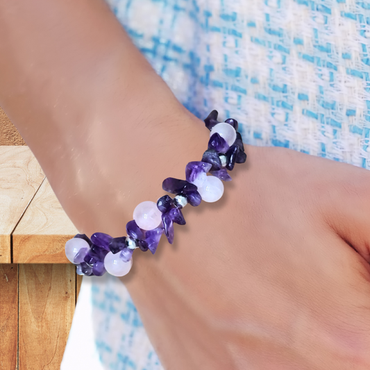 Bracelet tissé en Quartz rose et Améthyste