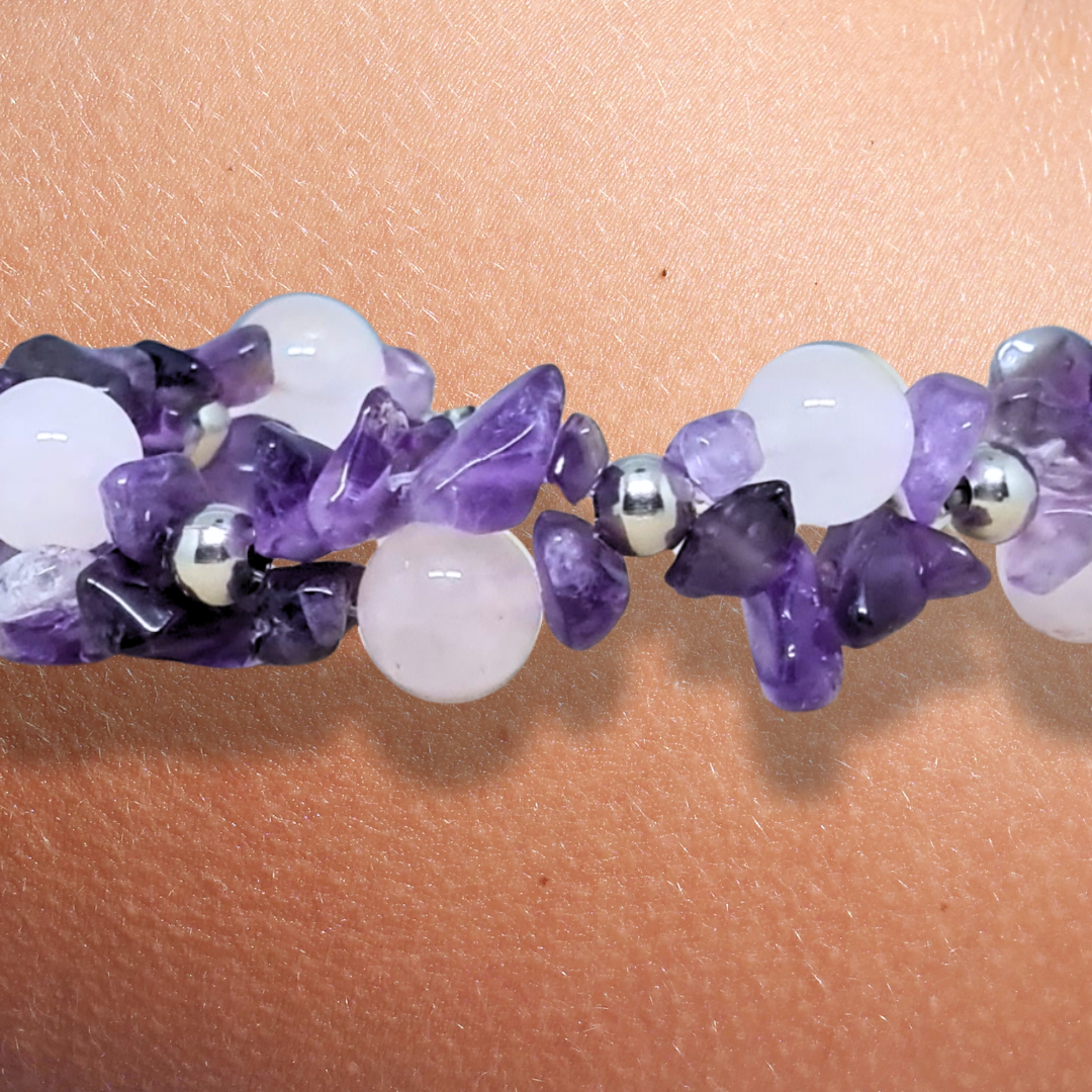 Bracelet tissé en Quartz rose et Améthyste