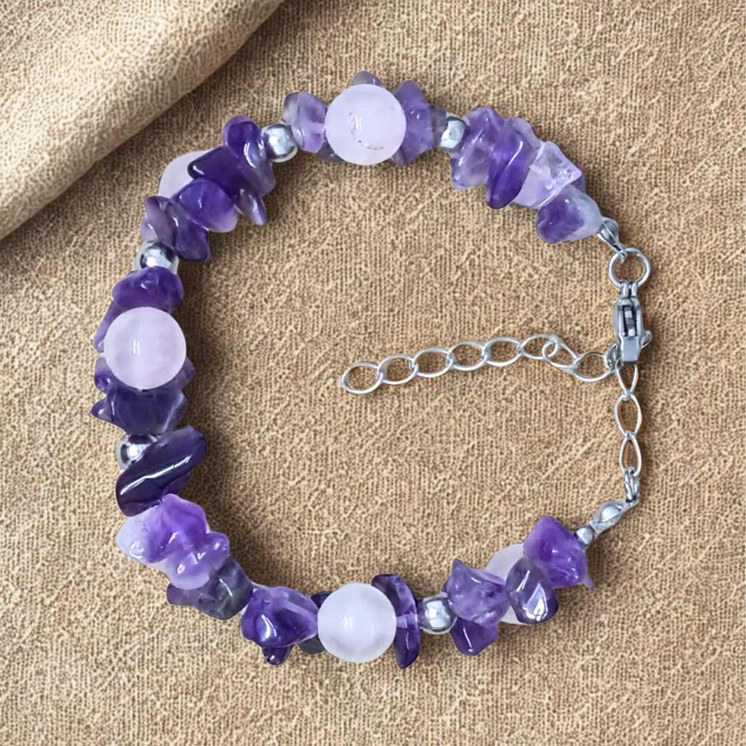 Bracelet tissé en Quartz rose et Améthyste