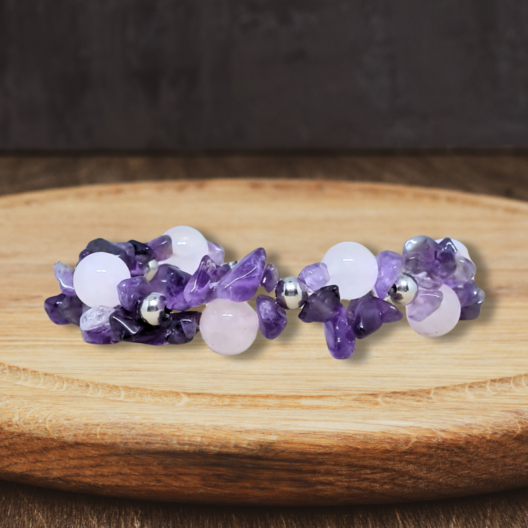 Bracelet tissé en Quartz rose et Améthyste