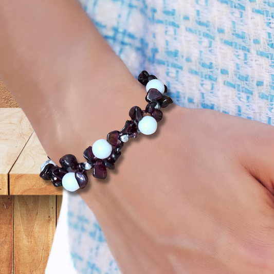 Bracelet tissé en Howlite et Grenat